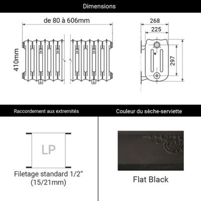Radiateur fonte noir mural - Hauteur 410mm - Longueur 442mm - 343 watt - 4 éléments - OXF410/360FB3