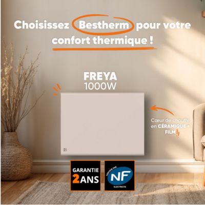 Radiateur électrique fixe double système de chauffe à inertie sèche céramique+film 1000W Bestherm FREYA horizontal blanc