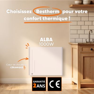 Radiateur électrique fixe à inertie sèche céramique 1000W BESTHERM ALBA horizontal blanc