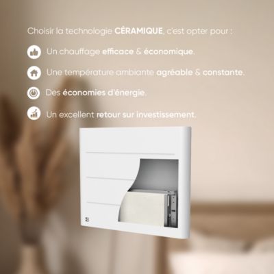 Radiateur électrique fixe à inertie sèche céramique 1000W BESTHERM TANIN horizontal blanc