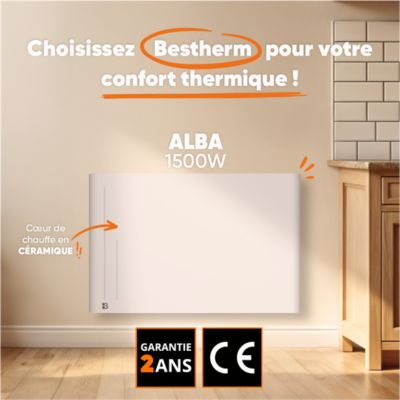 Radiateur électrique fixe à inertie sèche céramique 1500W BESTHERM ALBA horizontal blanc