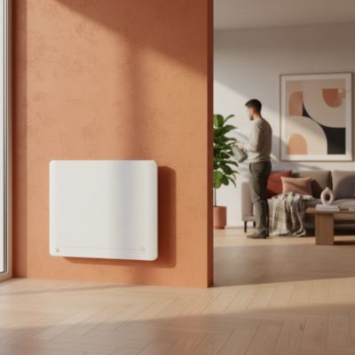 Radiateur électrique fixe à inertie sèche céramique 1500W, détecteur de présence BESTHERM Diane horizontal blanc