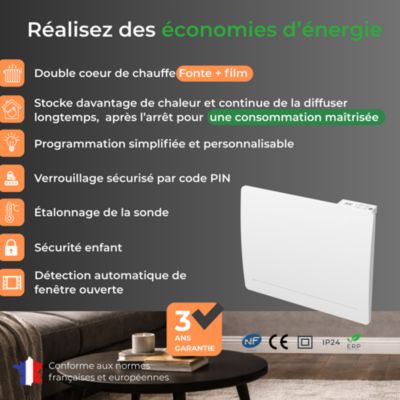 Radiateur électrique à inertie sèche fonte + film chauffant 1000W Thermostat Programmable Blanc Cosyup Mova Garantie 3 ans