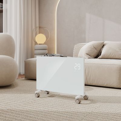 Radiateur électrique mobile et mural 1500W - Connecté WiFi - Verre blanc glacé - Ultra-plat 70mm