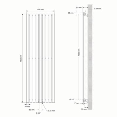 Radiateur à Panneaux Design Stella, 1600 x 480 mm, Chrome, avec Connexion Central, Plat, Vertical, Monocouche