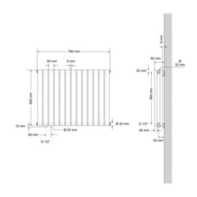 Radiateur à Panneaux Double Couche, 600x780 mm, Anthracite, en Acier, Raccord en Bas à Gauche, Tubes Ovales