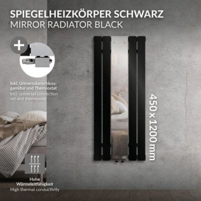 Radiateur plat vertical noir 45x120 cm + miroir et kit raccordement universel