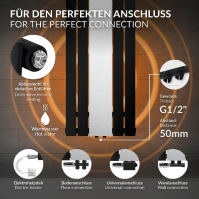 Radiateur plat vertical noir 45x120 cm + miroir et kit raccordement universel