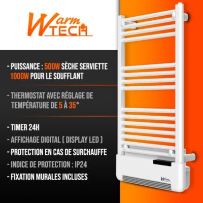 Radiateur sèche serviettes avec fluide 500W + soufflerie 1000W - Warmtech