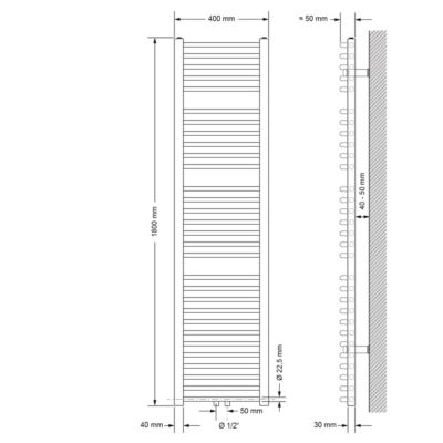 Radiateur Salle de Bain 400x1800 mm Anthracite courbe Raccord Central au Bas