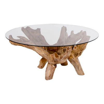 RAMA - Table Basse Ronde 110cm Teck Brut et Plateau Verre