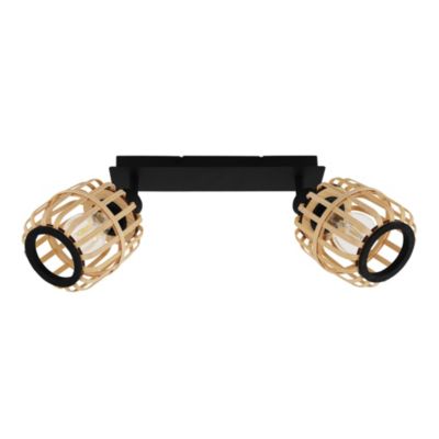 Rampe 2 spots LED bambou et métal noir E27 56W L.30cm Eglo, Hanoi