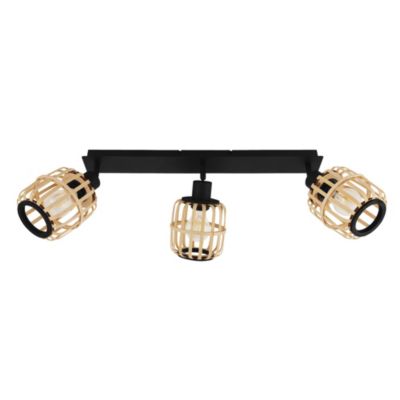 Rampe 3 spots LED bambou et métal noir E27 84W L.56cm Eglo, Hanoi