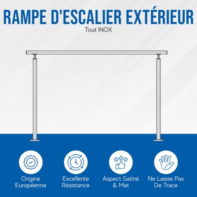 Rampe Escalier Exterieur INOX sur Poteaux - Kit Facile à Monter - Adaptable à tous les Escaliers - 4,5 mètres - Recoupable