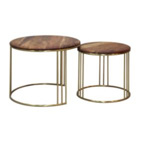 RANDY - Lot de 2 Tables Gigogne Plateau en Acacia Massif Piètement Acier Doré