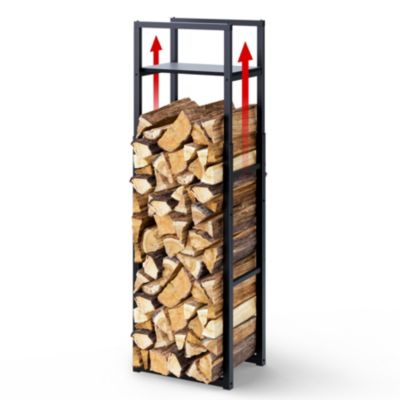 Range bûche vertical télescopique pour cheminée avec étagère de MDF 45x32x170cm acier noir VOUNOT
