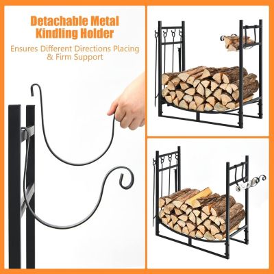 Range Bûches Décoratif Porte Bûches en Acier Résistant avec Pieds Surélevés 6 Crochets et 4 Outils Charge de 50 kg