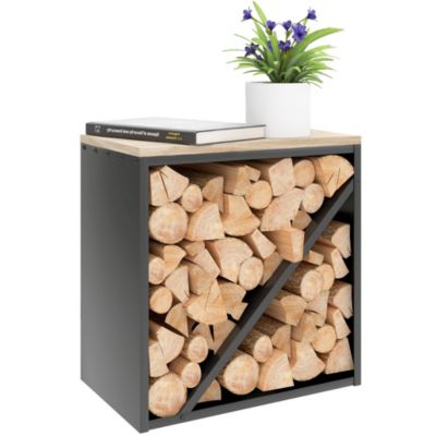 Range-bûches intérieur avec plateau en bois 58 x 36 x 60 cm métal noir
