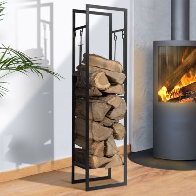 Range bûches vertical acier noir avec étagère et accessoires H. 170 CM pour cheminée