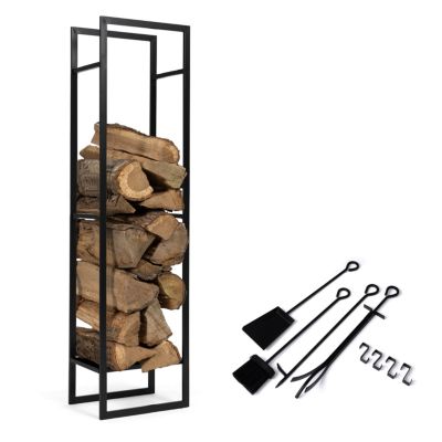 Range bûches vertical acier noir avec étagère et accessoires H. 170 CM pour cheminée