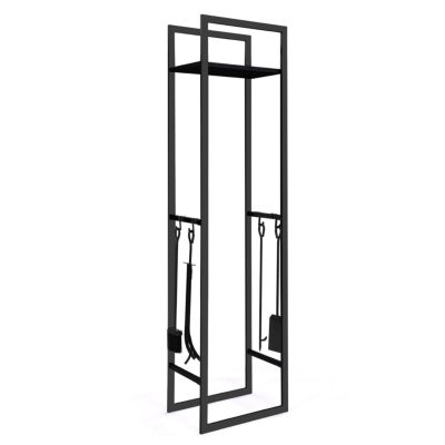 Range bûches vertical acier noir avec étagère et accessoires H. 170 CM pour cheminée