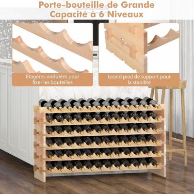 Range Bouteilles en Pin Massif 72 Compartiments sur 6 Niveaux 119 x 29 x 71.5CM Bois Naturel