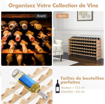 Range Bouteilles en Pin Massif 72 Compartiments sur 6 Niveaux 119 x 29 x 71.5CM Bois Naturel