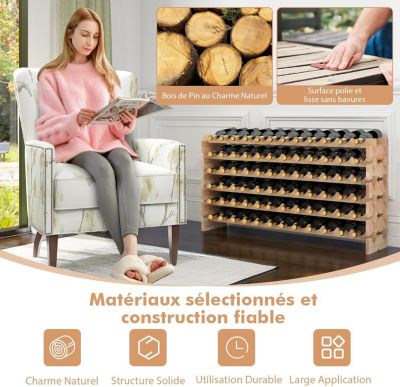 Range Bouteilles en Pin Massif 72 Compartiments sur 6 Niveaux 119 x 29 x 71.5CM Bois Naturel