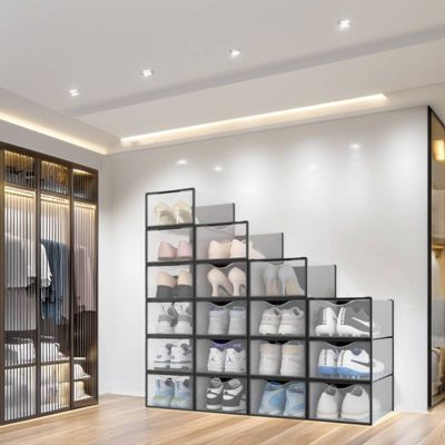 Rangement chaussures - Boites à chaussures - Noires et transparentes- Lot de 18