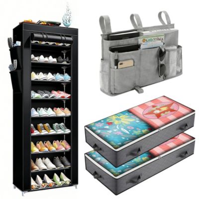 Rangement de Chambre - Range-Chaussures, Poche de Chevet et 2 Boîtes de Rangement Sous Lit, Solution Gain de Place
