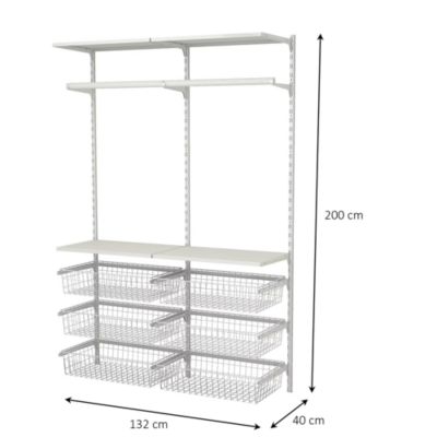 Rangement ouvert mural 2 colonnes avec penderie et 6 paniers H.200 x L.132 x P.40 cm