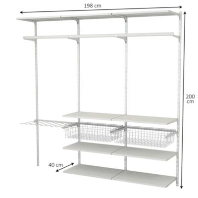 Rangement ouvert mural 3 colonnes avec penderie, porte-pantalon et 2 paniers H.200 x L.198 x P.40 cm