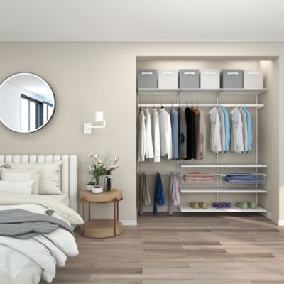 Rangement ouvert mural 3 colonnes avec penderie, porte-pantalon et 2 paniers H.200 x L.198 x P.40 cm