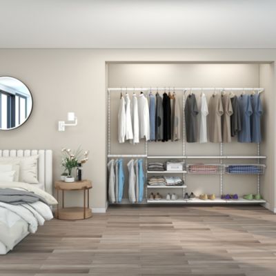 Rangement ouvert mural 4 colonnes avec penderie et 2 paniers H.200 x L.264 x P.40 cm