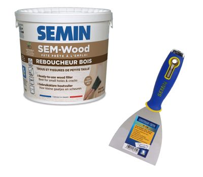 Reboucheur Bois - Sem Wood Semin - Intérieur/extérieur - Seau de 1 kg et un couteau à enduire 10 cm