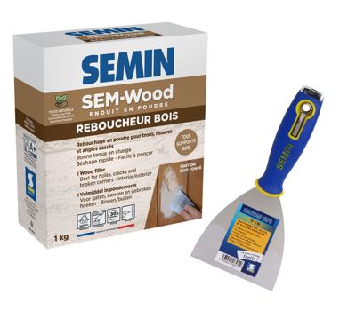 Reboucheur Bois Semin - Intérieur/extérieur - Finition Bois Foncé - Poudre - 1 kg et un couteau à enduire