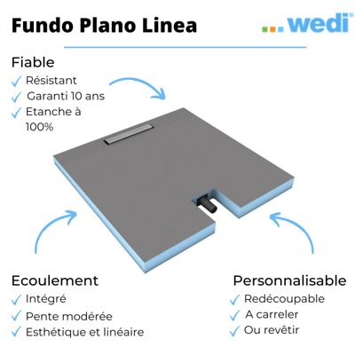 Receveur à carreler 120 x 90 cm Wedi Fundo Plano Linea - écoulement linéaire sortie sur le petit coté + kit d'étanchéité