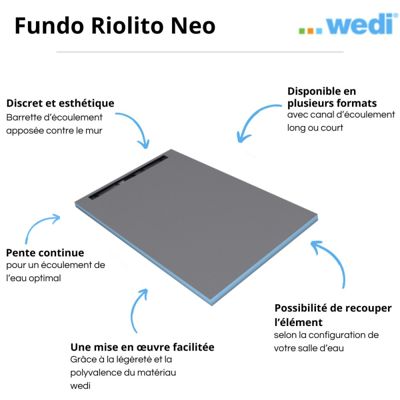 Receveur à carreler WEDI Fundo Riolito Neo + barrette de finition inox + bonde vertical + kit d'étanchéité 120 x 80 cm
