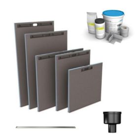 Receveur à carreler WEDI Fundo Riolito Neo + barrette de finition inox + bonde vertical + kit d'étanchéité 90 x 90 cm