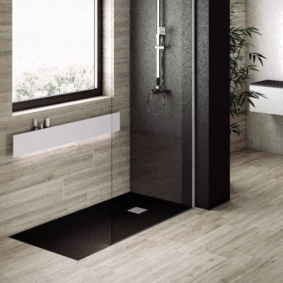 Receveur de douche 100 x 100 cm extra plat PURE en resine surface ardoisee noir Grille inox