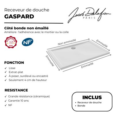 Receveur de douche 120 x 80 JACOB DELAFON Gaspard extra-plat céramique + Bonde