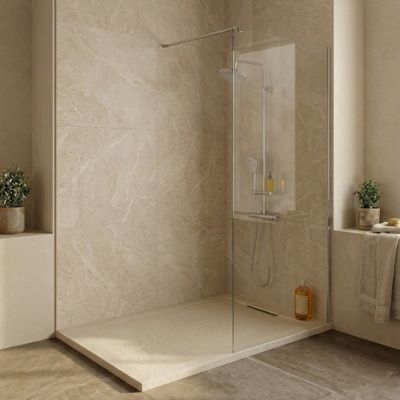 Receveur de douche 120 x 90 cm en résine composite, effet ardoise beige, avec bonde, Homesight Ona