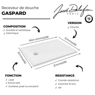 Receveur de douche 120 x 90 JACOB DELAFON Gaspard extra-plat céramique bonde à gauche