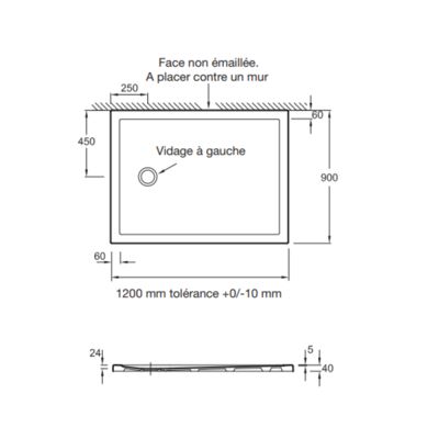 Receveur de douche 120 x 90 JACOB DELAFON Gaspard extra-plat céramique bonde à gauche
