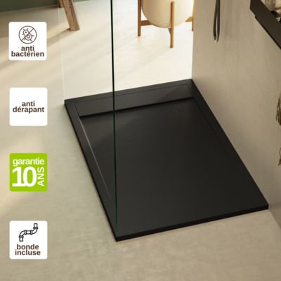 Receveur de douche 120x80 extra-plat Noir en résine minérale antidérapant effet ardoise - Magnus LAVABERG