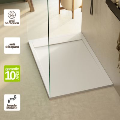 Receveur de douche 160x90 extra-plat Blanc en résine minérale antidérapant effet ardoise - Magnus LAVABERG