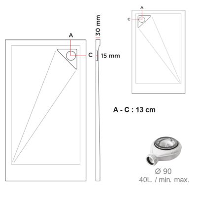 Receveur de douche 70x70 cm extra plat TRINITY noir en résine minérale grille à Droite