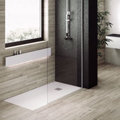 Receveur de douche 80 x 130 cm extra plat PURE en resine surface ardoisee blanc Grille inox