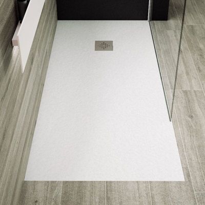 Receveur de douche 80 x 130 cm extra plat PURE en resine surface ardoisee blanc Grille inox