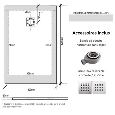Receveur de douche 80x120 extraplat antidérapant blanc effet texturé + bonde - Ceane